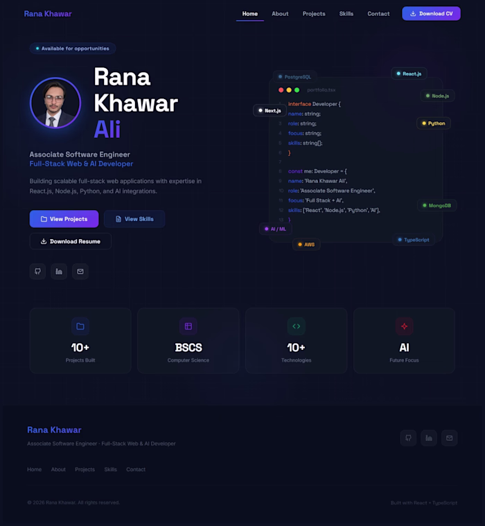 A modern developer portfolio showcasing