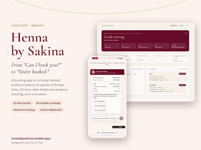 Henna by Sakina: Booking App with AI Quotes for a Bridal Studio