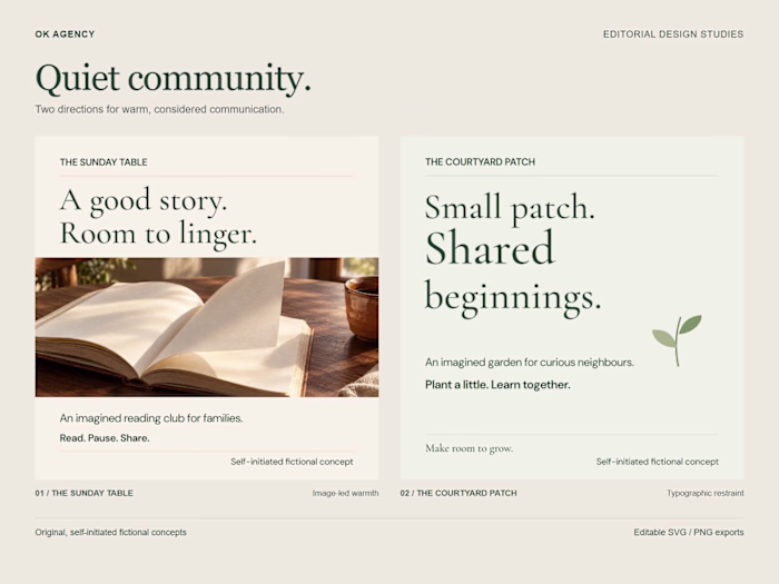 Quiet community | Two editorial design studies