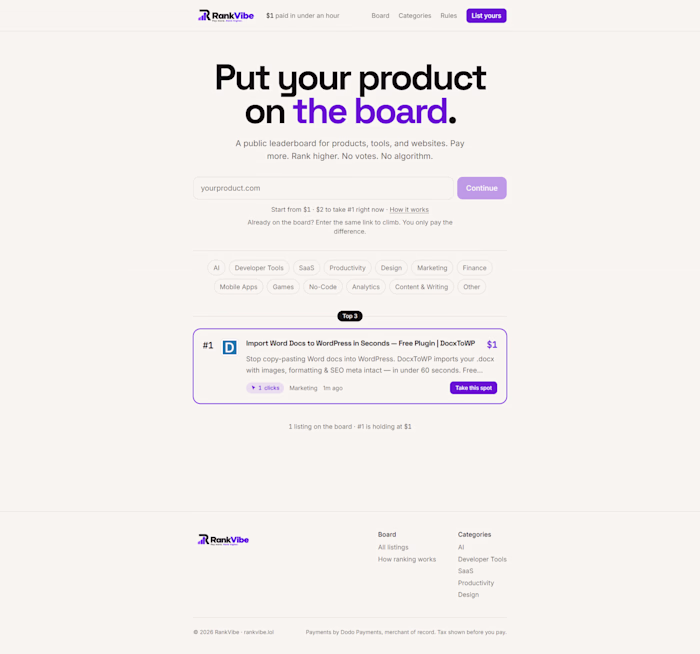 RankVibe Product Leaderboard Development