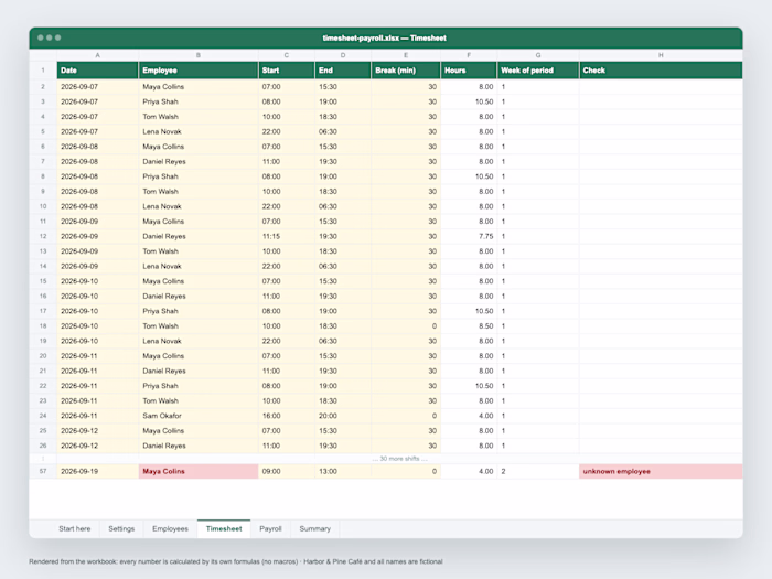 Timesheet and payroll in Excel, night shifts included