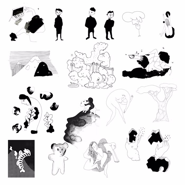 Black-and-white editorial illustration series exploring