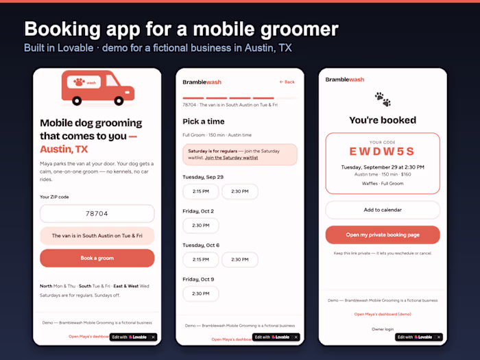 Booking app for a mobile dog groomer (Lovable demo)