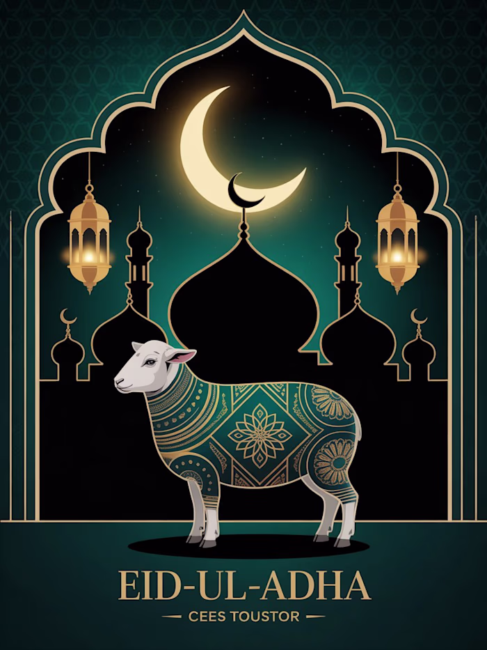 Modern Eid al-Adha vector design featuring mosque, crescent, lan