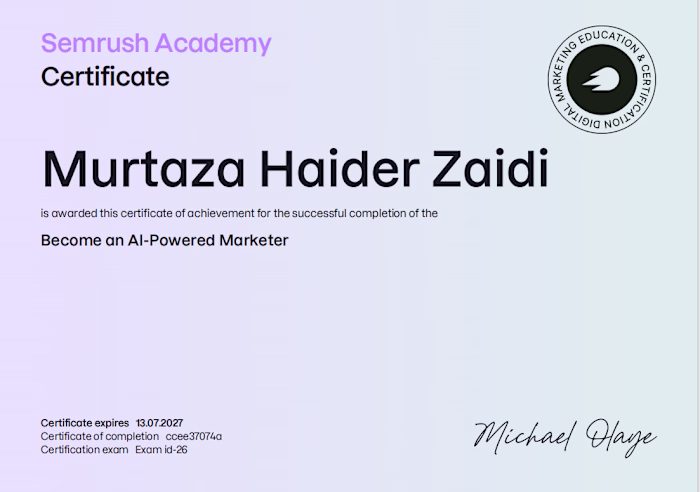 Achieved Certification from Semrush Academy.
#Recognition