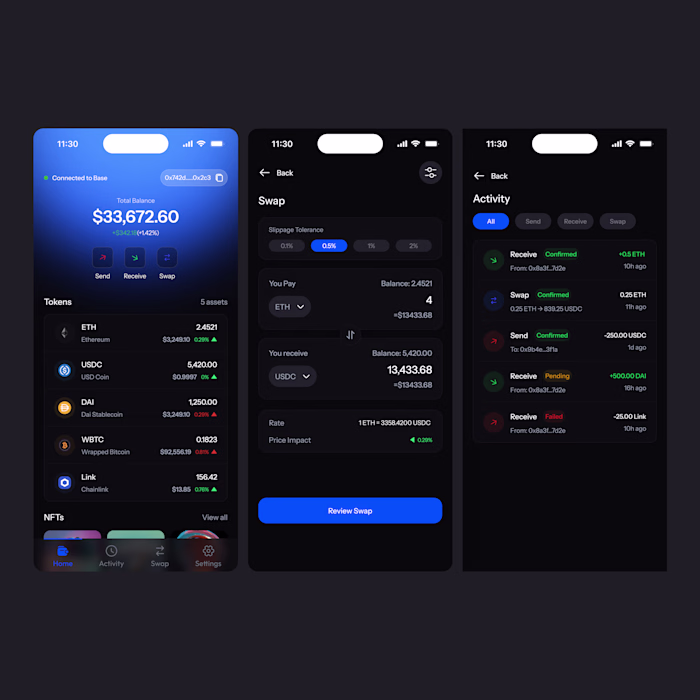 Completed the core experience for a Base (Ethereum L2) mobil...