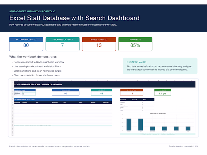 Excel Staff Database with Search Dashboard & Automated QA