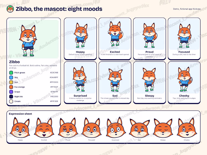 Mascot and character system for a kids football app