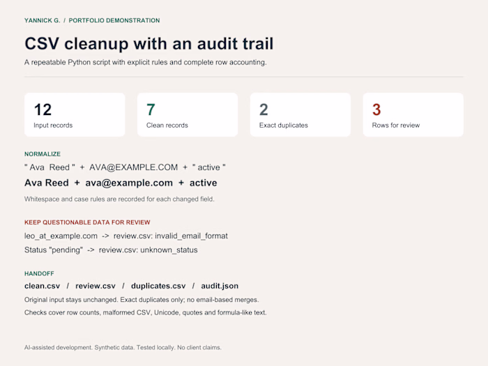 CSV cleanup with an audit trail (demo)