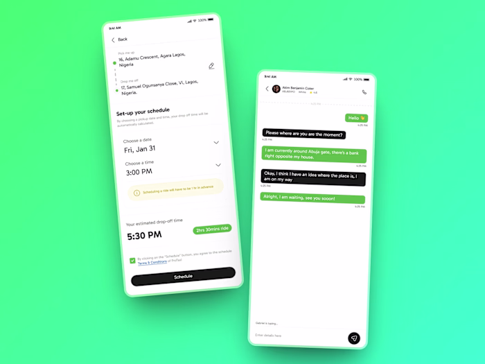 ProTaxi Setup Schedule and Chat Interface for a Rider