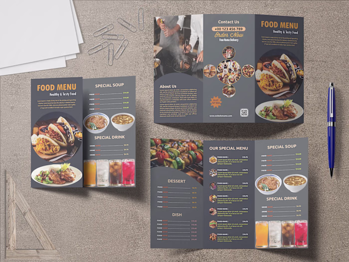 A modern tri-fold food menu