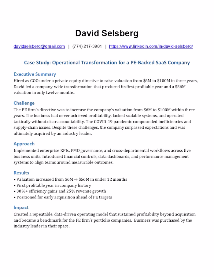 Operational Transformation for a PE-Backed SaaS Company