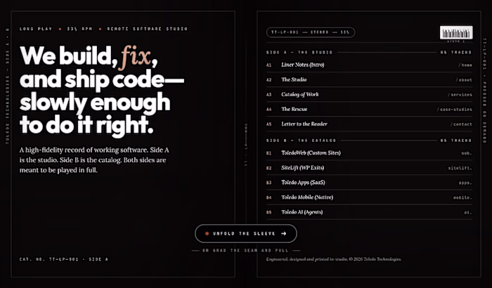 Toledo Technologies: Studio Site as a Record Sleeve