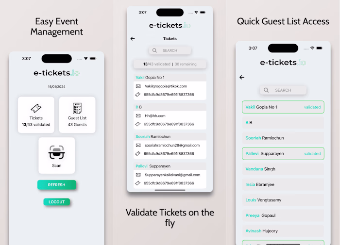 E-Tickets, QR ticket scanner app for fully managed show and even
