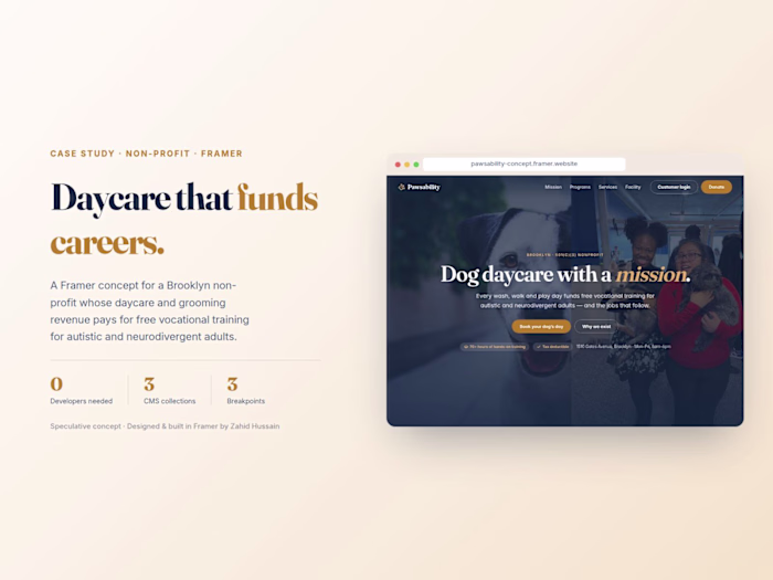 Pawsability Dog Club — Framer site concept (spec)