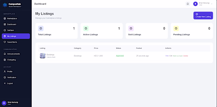 Campusehub user dashboard, where users
