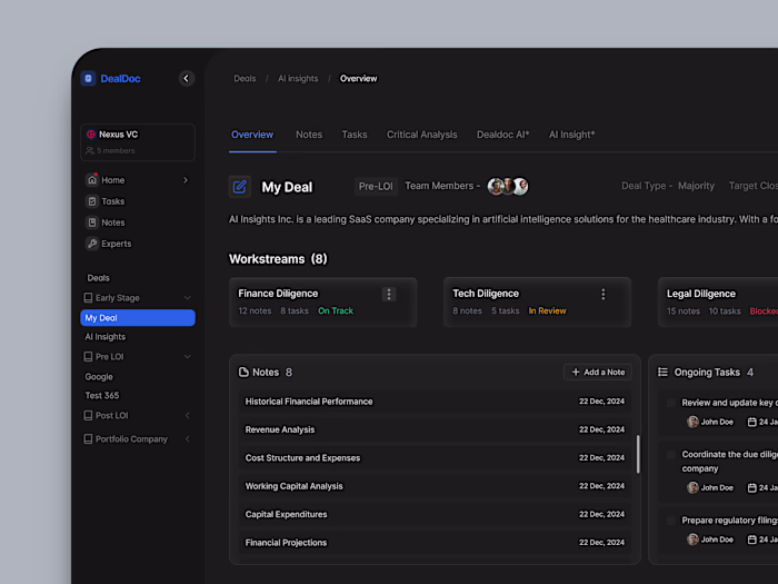 UI/UX Design for DealDoc's Investment Workspace