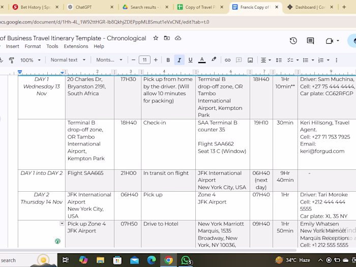 Business Trip Itinerary