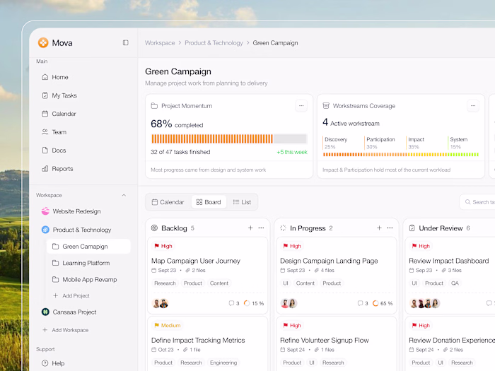 Mova Project Management Dashboard Design