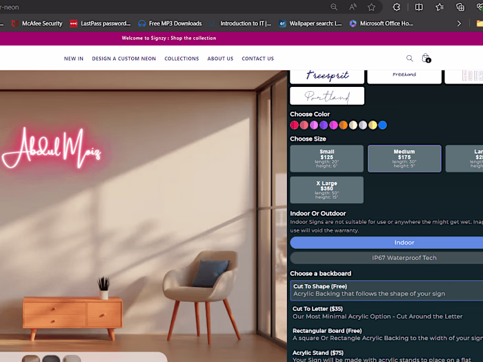 Signzy a Custom Shopify store with a custom Neon Sign Creator