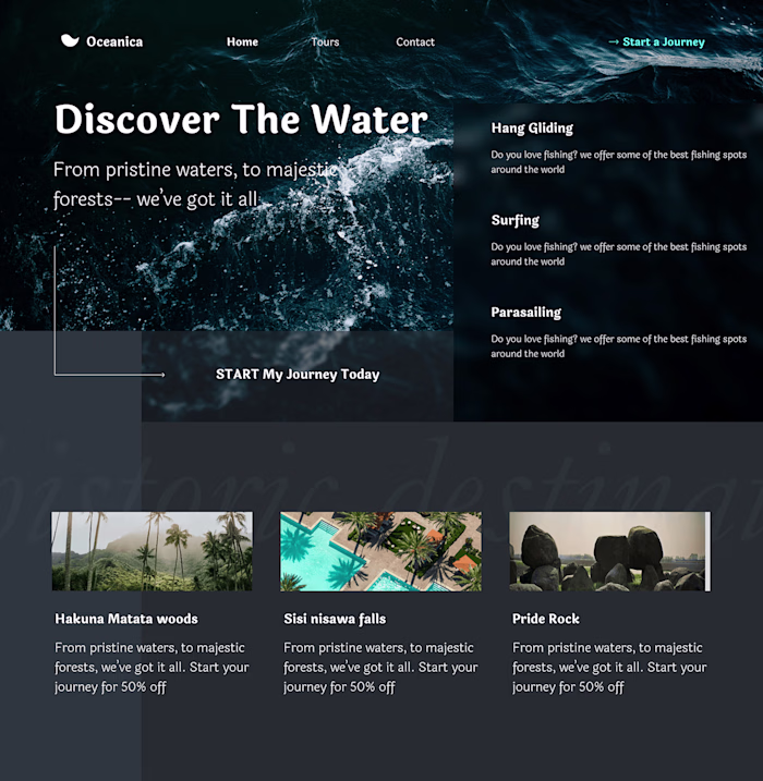 A landing page for a vacation based website
