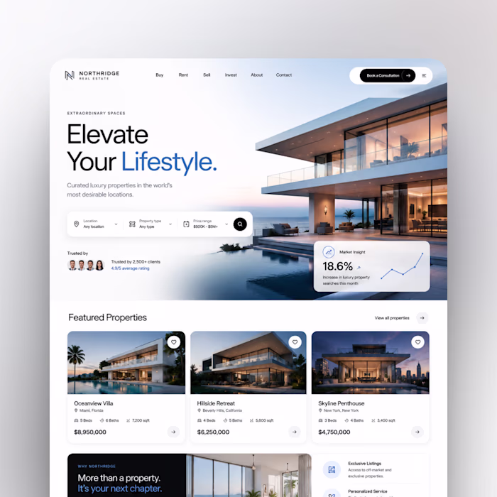 Real estate landing page design. Clean,modern and user-friendly