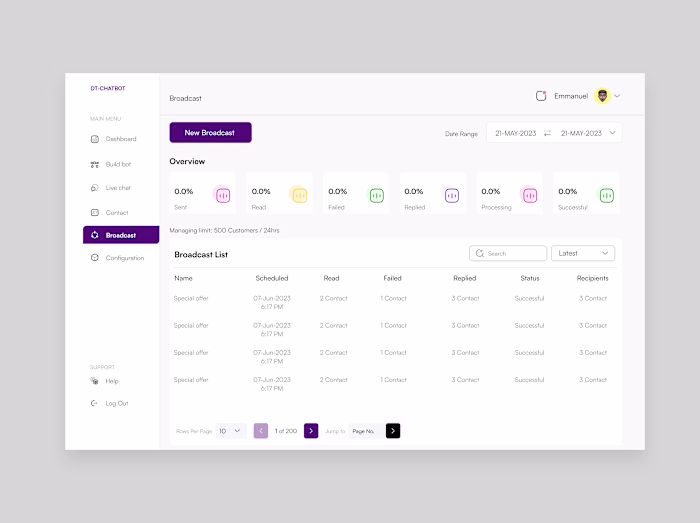 here is a chatbot builder screen and a broadcast screen i cr...