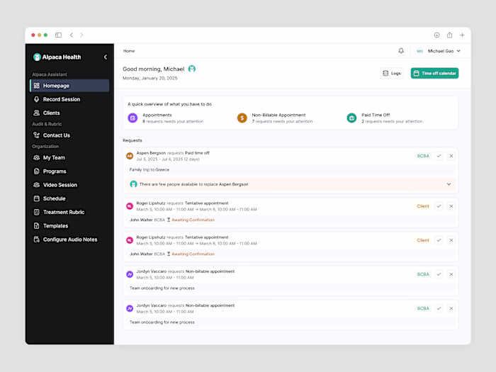 Alpaca Health Platform Design for ABA Therapists