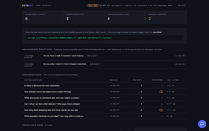 SiteBot — Grounded AI Support for Any Website