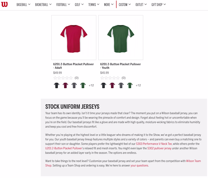 Wilson Sporting Goods Category & Product Descriptions