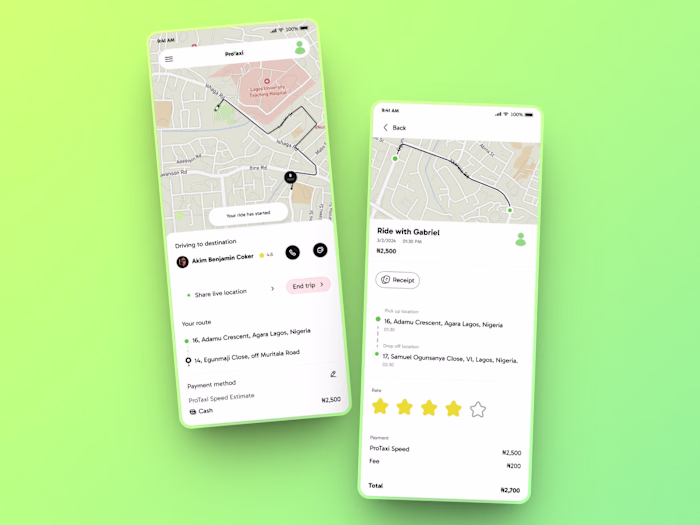 ProTaxi Trip Tracking and Receipt Page