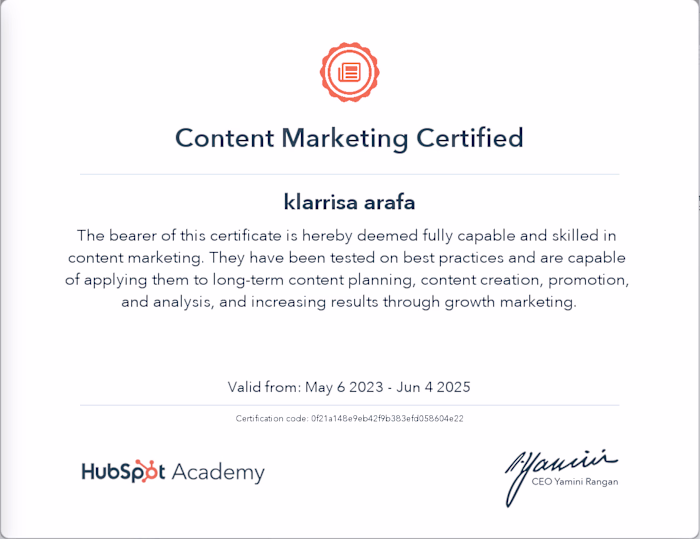 Content Marketing Certification from HubSpot