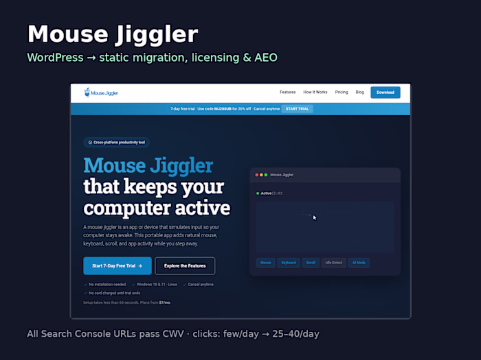 Mouse Jiggler: WordPress-to-Static Migration & AEO