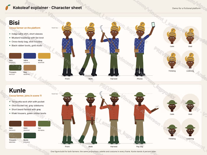 Cocoa farmer explainer: characters, storyboard and animatic