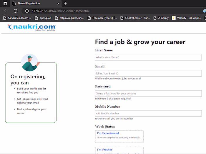 Naukri.com Registration Page Design (HTML, CSS, and JavaScript)
