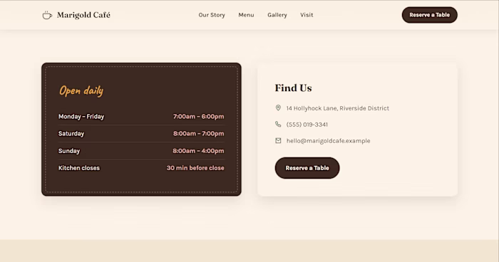 A hand-coded, single-page cafe website