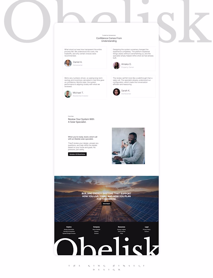 The closing sections of Obelisk’s landing page focus on huma...