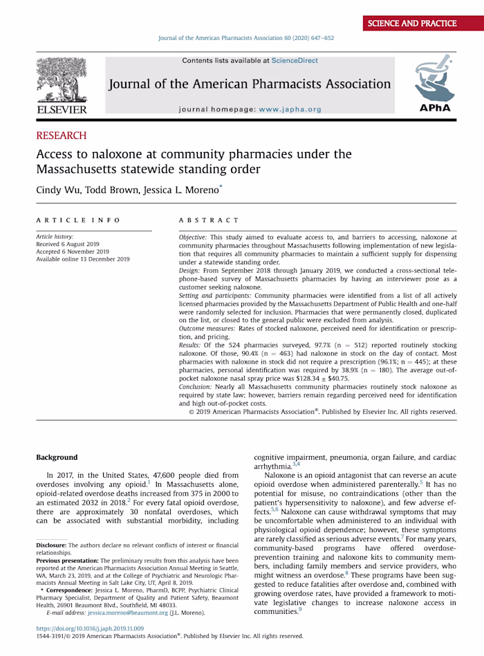 Naloxone Access at Community Pharmacies - Journal Publication