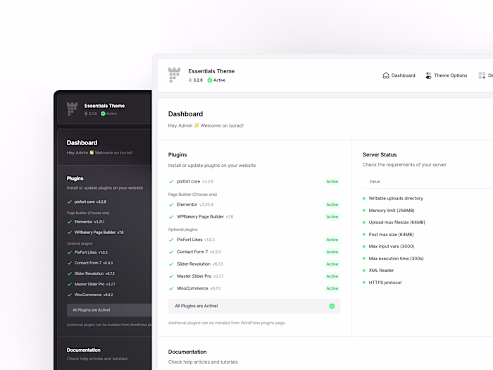 New pixfort Core Dashboard Interface