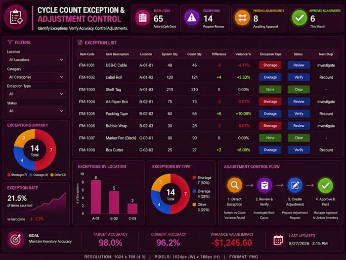 Inventory cycle count dashboard designed