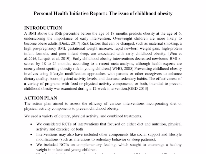The issue of childhood obesity : Personal Health Initiative Repo