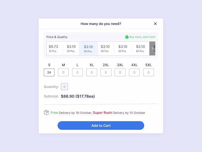 Select the right size and quantity /E-commerce checkout form