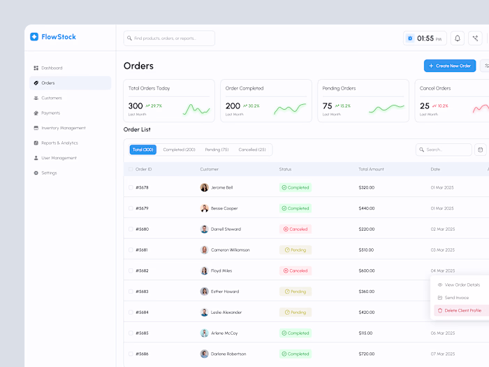 Inventory Dashboard Orders Page