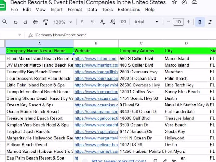 900+ Leads of Beach Resorts & Event Rental Companies