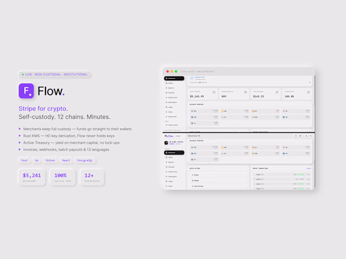 Flow — Crypto Payment Infrastructure
Description:
Full-stack