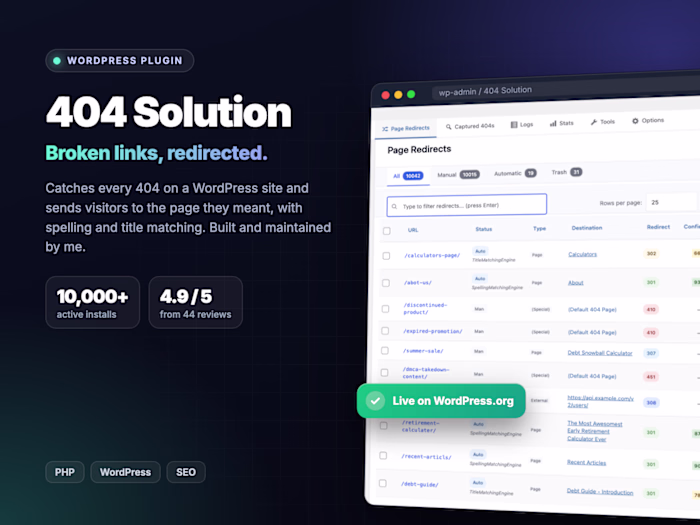 404 Solution: WordPress plugin for broken links and redirects