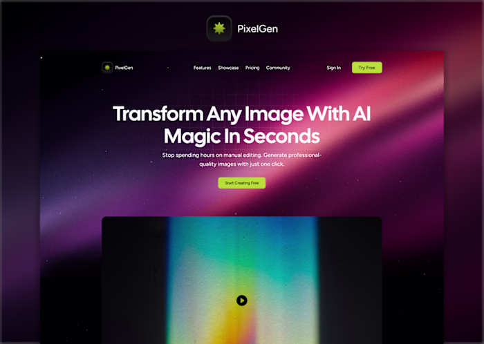 PixelGen AI Image Transformation Landing Page Design
