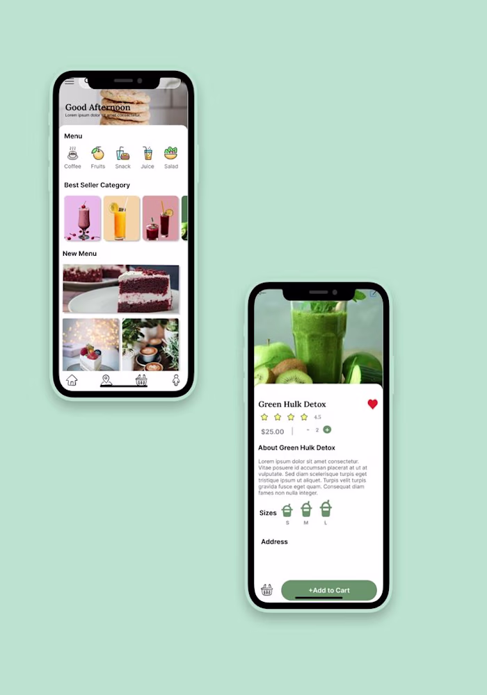 mobile app design for fresh juices and pastries
