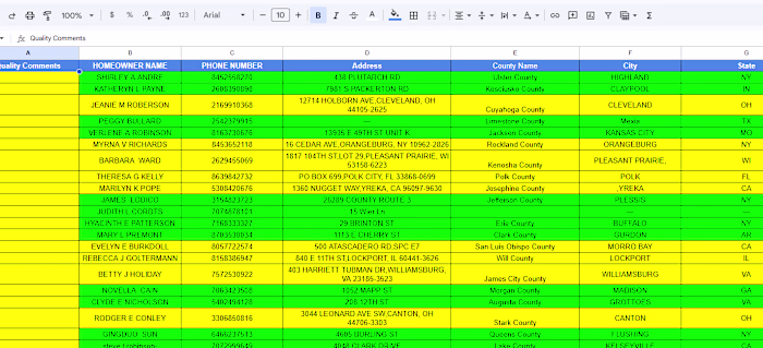 Sample lead list layout from