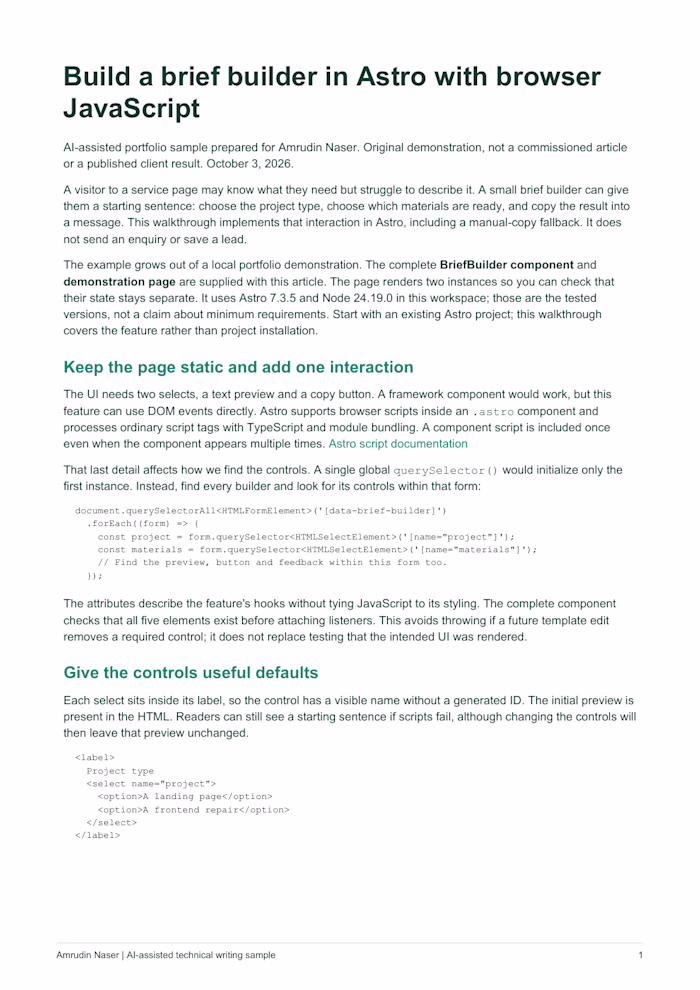 Astro Brief Builder Technical Writing Sample